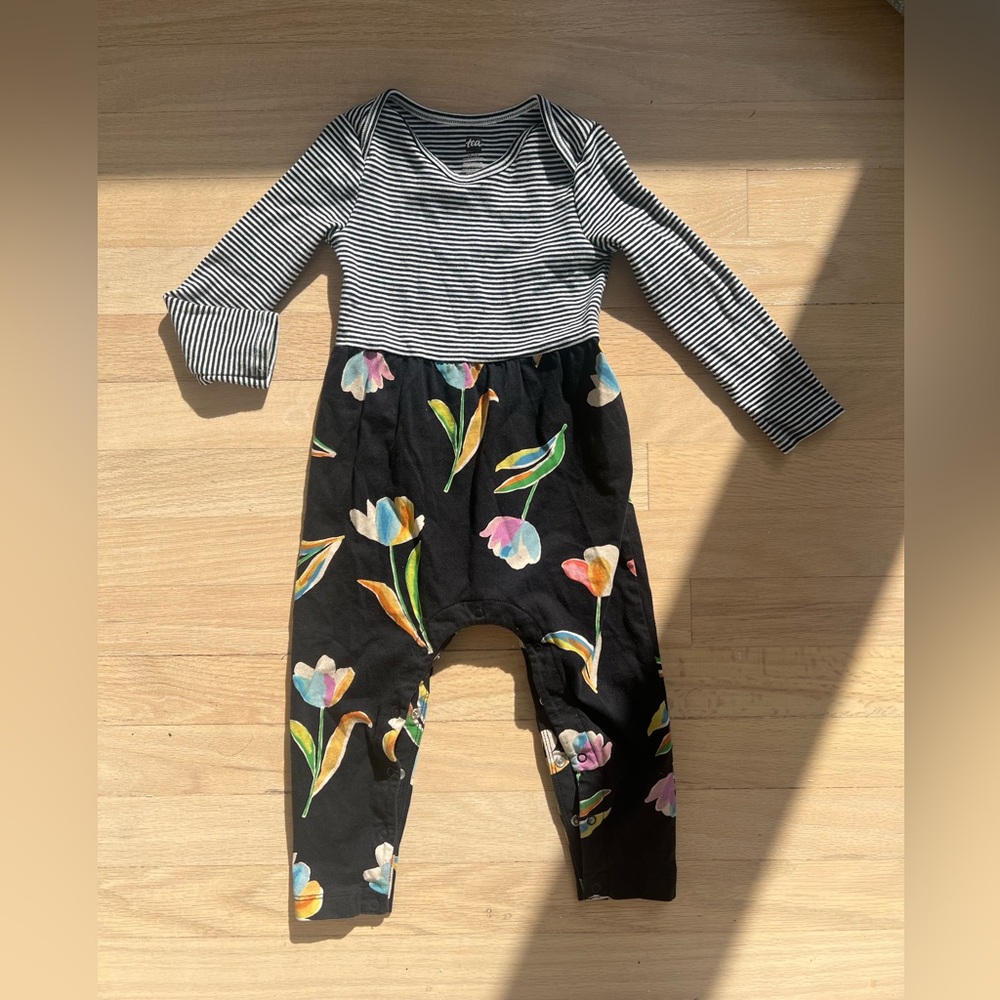 Tea Collection black & white with painted florals romper